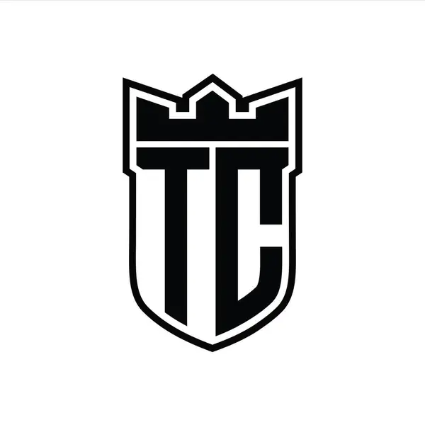 stock image TC Letter logo with shield shape with geometric crown inside black outline on white background template design