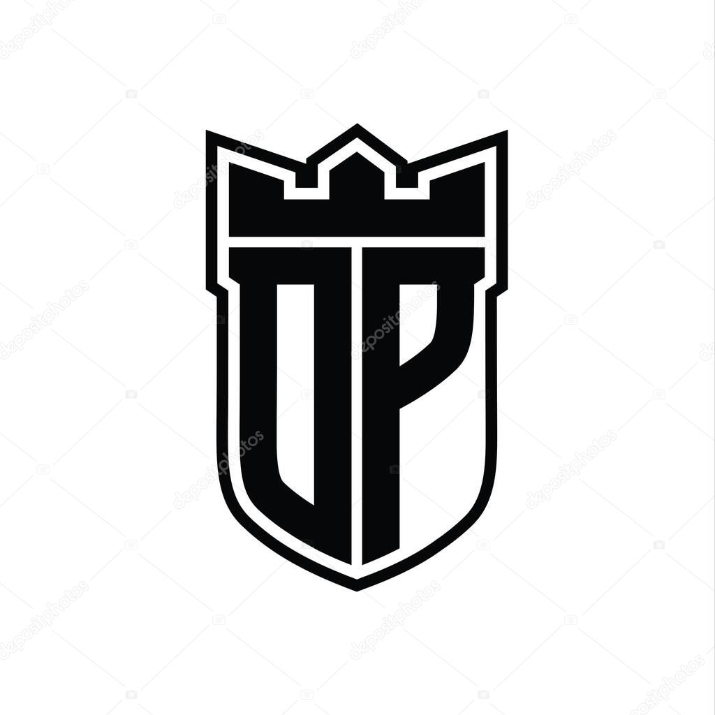 DP Letter logo with shield shape with geometric crown inside black outline on white background template design