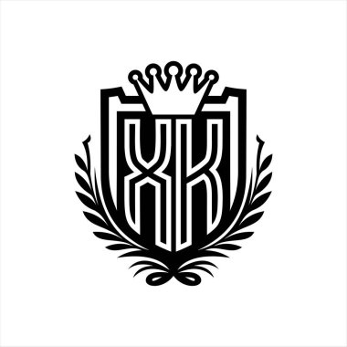 XK Letter logosu kraliyet kalkanı şeklinde, beyaz arkaplan şablonu üzerinde vintage kalkan