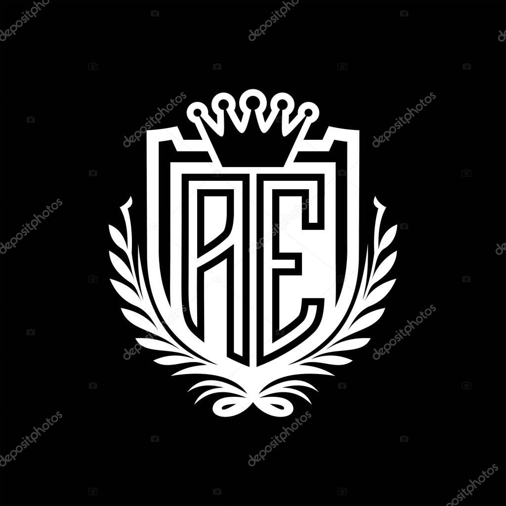 AE Letter logo heraldic shield shape with crown, vintage shield on black background template design