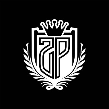 ZP Harf logosu kraliyet kalkanı şeklinde ve taç, siyah arkaplan şablonu üzerinde vintage kalkan.