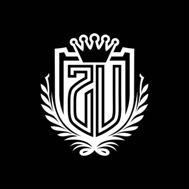 ZU Letter logosu kraliyet kalkanı şeklinde ve taç, siyah arkaplan şablonu üzerinde antika bir kalkan.
