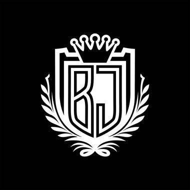 BJ Letter logosu kraliyet kalkanı şeklinde ve kaplama şeklinde, siyah arkaplan şablonu dizaynında vintage kalkan.