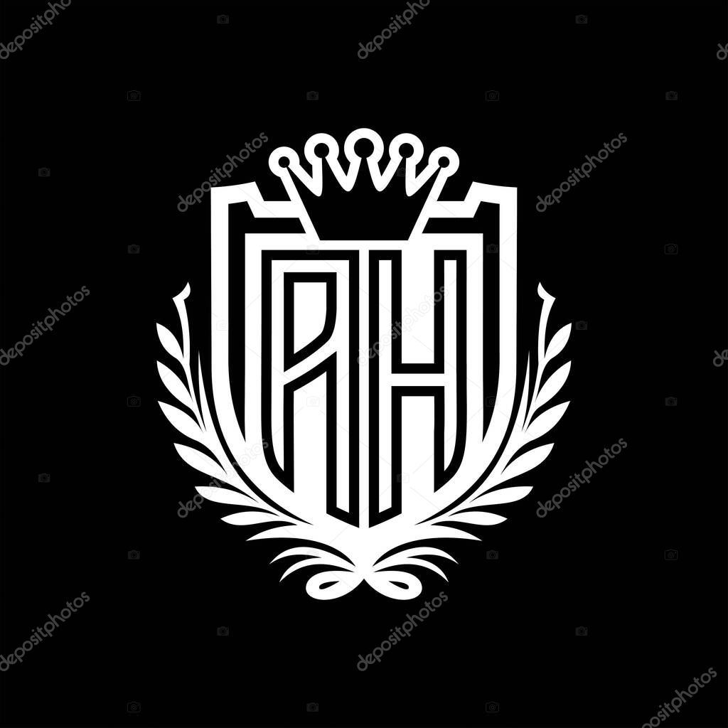 AH Letter logo heraldic shield shape with crown, vintage shield on black background template design