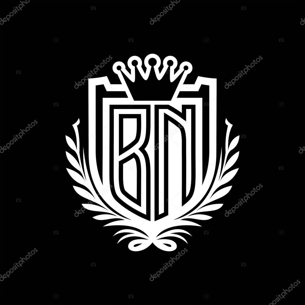 BN Letter logo heraldic shield shape with crown, vintage shield on black background template design