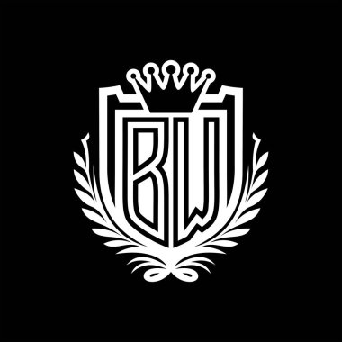 BW Harf logosu kraliyet kalkanı şeklinde ve taç, siyah arkaplan şablonu dizaynında vintage kalkan