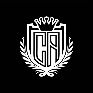CA Harf logosu kraliyet kalkanı şeklinde taç, siyah arkaplan şablonu dizaynında vintage kalkan