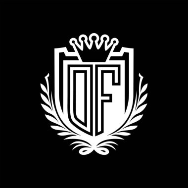 DF Letter logosu kraliyet kalkanı şeklinde ve kaplama şeklinde, siyah arkaplan şablonu üzerinde antika bir kalkan.