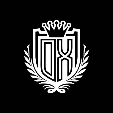 DX Harf logosu kraliyet kalkanı şeklinde ve kaplama şeklinde, siyah arkaplan şablonu üzerinde antika bir kalkan.