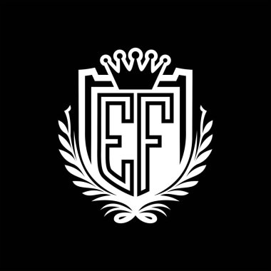 EF Harf logosu kraliyet kalkanı şeklinde ve kaplama şeklinde, siyah arkaplan şablonu üzerinde vintage kalkan