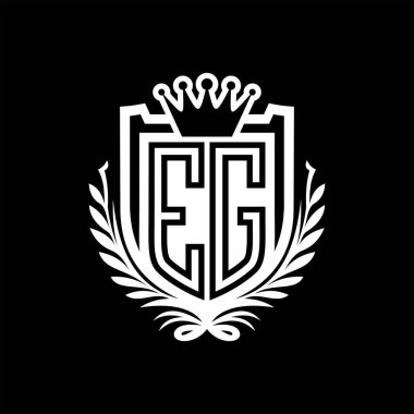 EG Harf logosu kraliyet kalkanı şeklinde ve kaplama şeklinde, siyah arkaplan şablonu dizaynında vintage kalkan