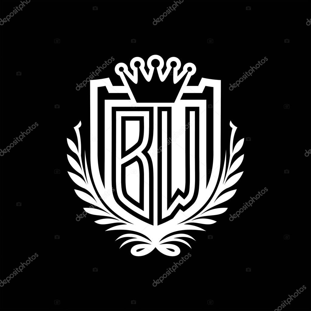 BW Letter logo heraldic shield shape with crown, vintage shield on black background template design
