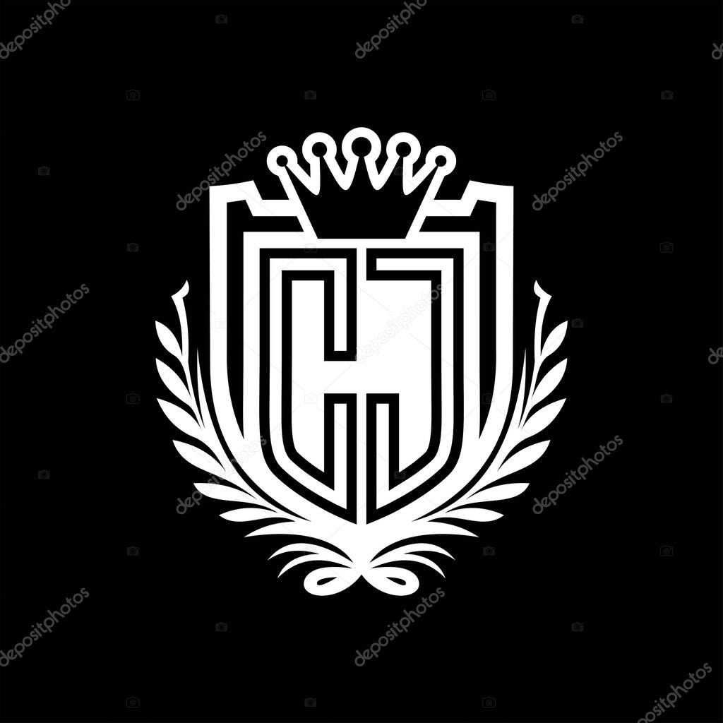 CJ Letter logo heraldic shield shape with crown, vintage shield on black background template design