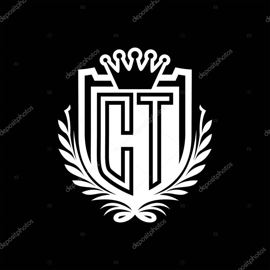 CT Letter logo heraldic shield shape with crown, vintage shield on black background template design