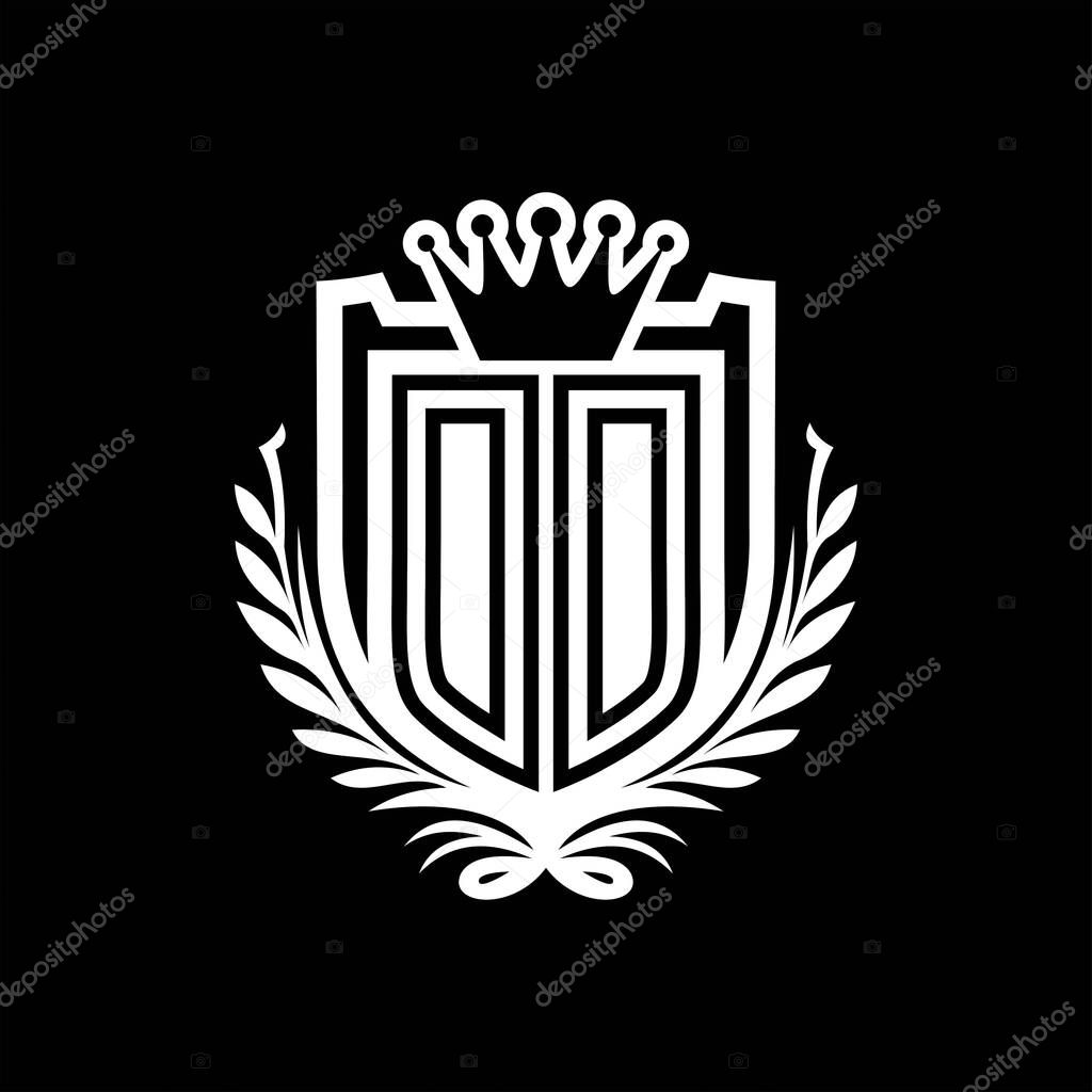 DD Letter logo heraldic shield shape with crown, vintage shield on black background template design