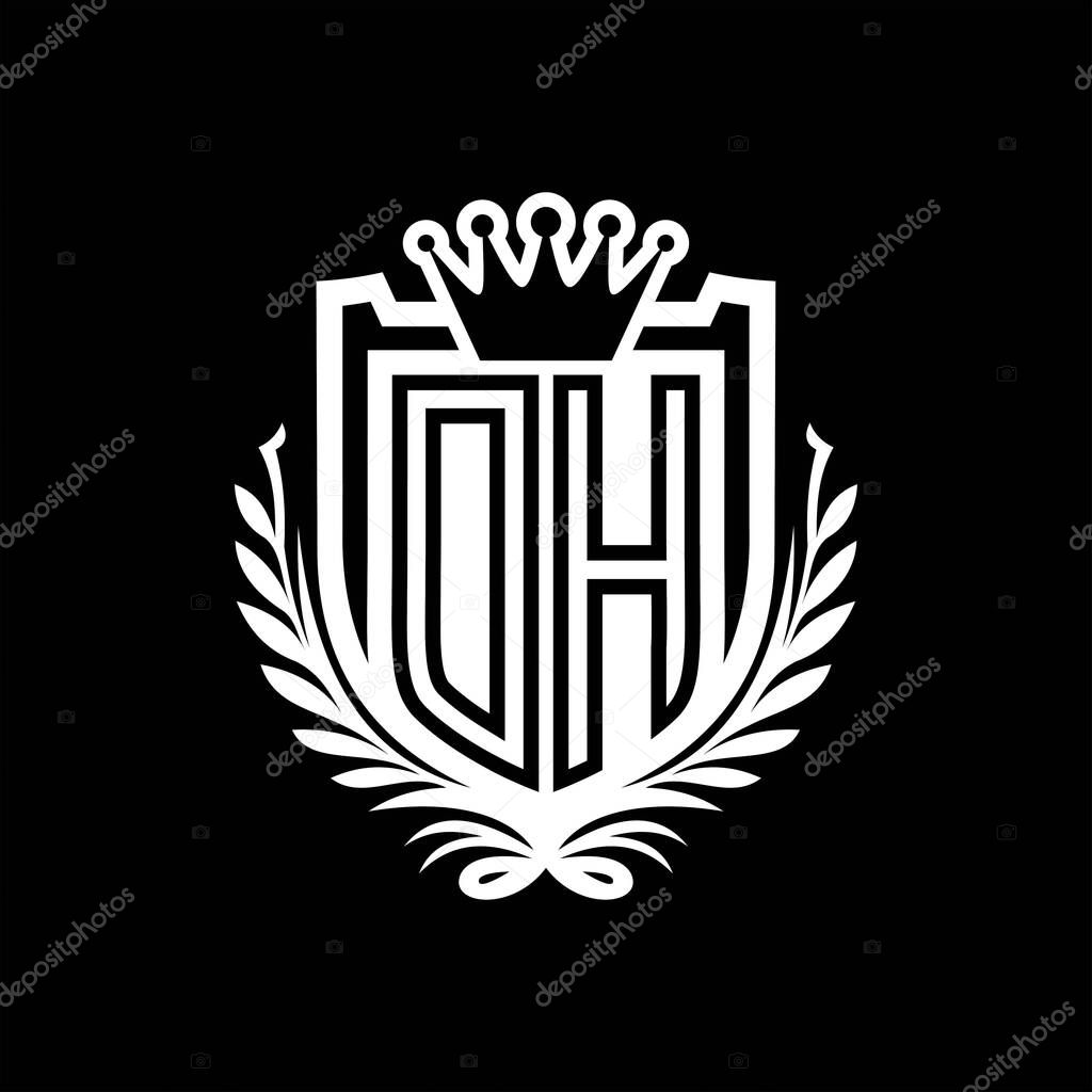 DH Letter logo heraldic shield shape with crown, vintage shield on black background template design
