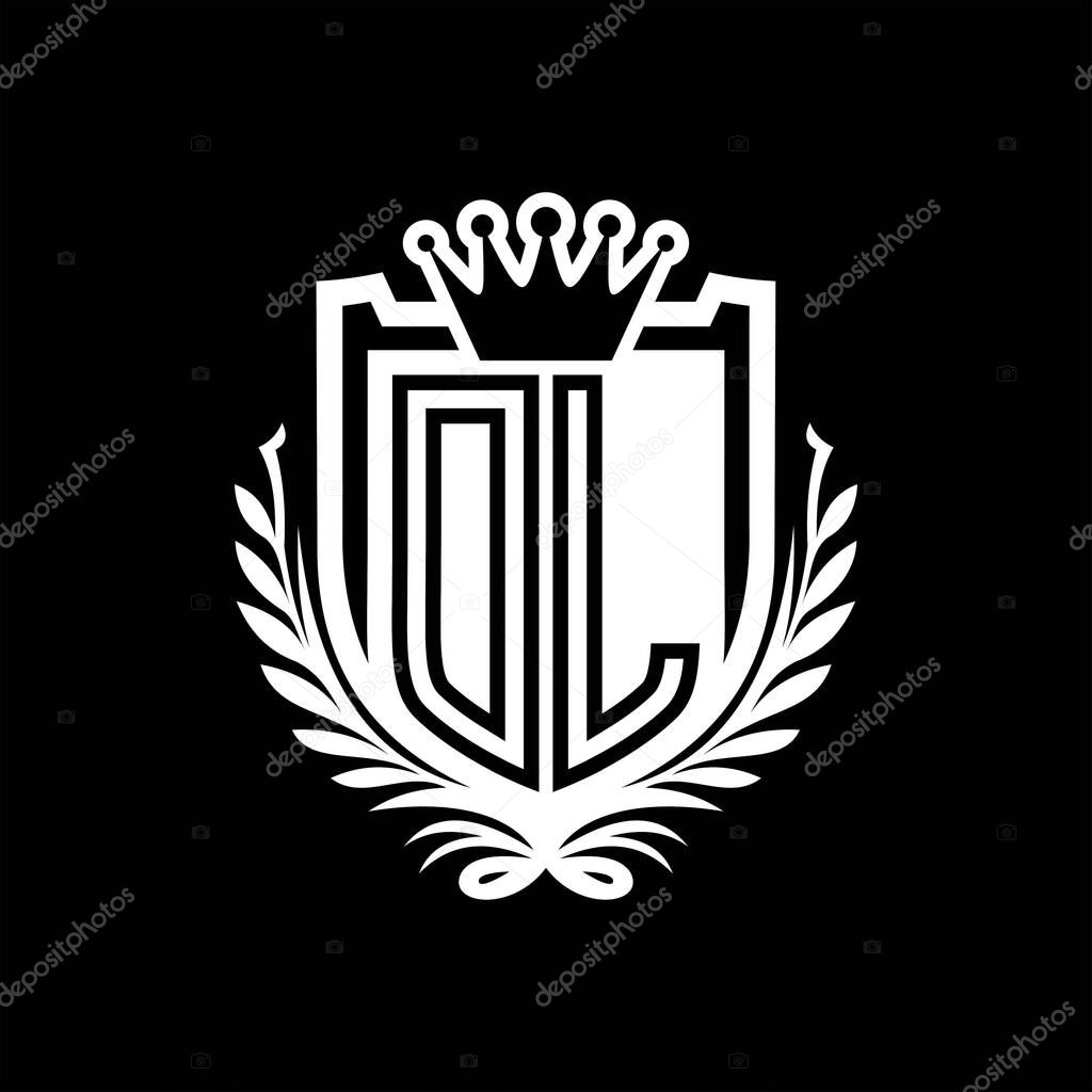 DL Letter logo heraldic shield shape with crown, vintage shield on black background template design