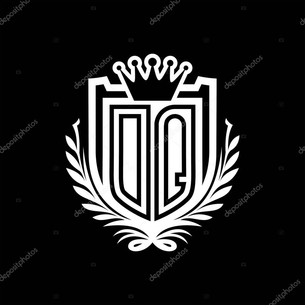 DQ Letter logo heraldic shield shape with crown, vintage shield on black background template design