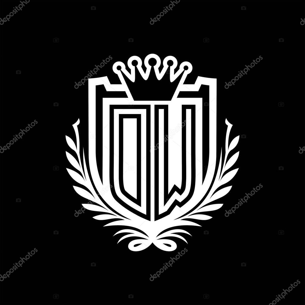 DW Letter logo heraldic shield shape with crown, vintage shield on black background template design