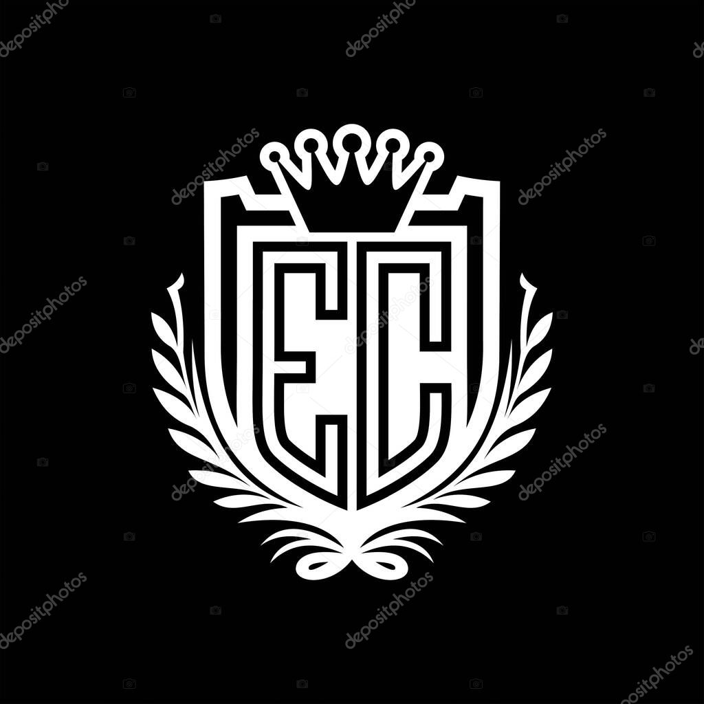 EC Letter logo heraldic shield shape with crown, vintage shield on black background template design