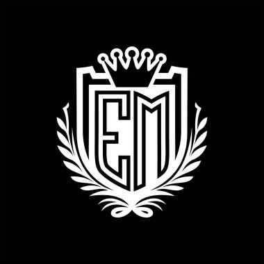 EM Harf logosu kraliyet kalkanı şeklinde ve kaplama şeklinde, siyah arkaplan şablonunda eski bir kalkan.