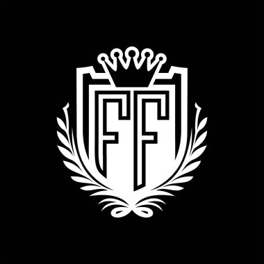 FF Letter logosu kraliyet kalkanı şeklinde ve kaplama şeklinde, siyah arkaplan şablonu dizaynında vintage kalkan