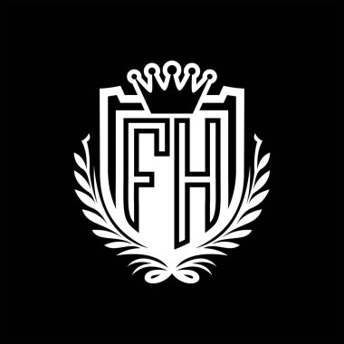 FH Letter logosu kraliyet kalkanı şeklinde ve kaplama şeklinde, siyah arkaplan şablonu üzerinde vintage kalkan