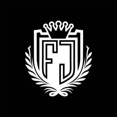 FJ Letter logosu kraliyet kalkanı şeklinde ve kaplama şeklinde, siyah arkaplan şablonu dizaynında vintage kalkan