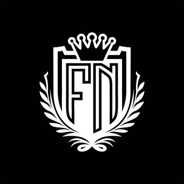 FN Letter logosu kraliyet kalkanı şekilli, siyah arkaplan şablonu dizaynında vintage kalkan