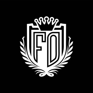 Fo Harfi logosu kraliyet kalkanı şeklinde taç, siyah arkaplan şablonu dizaynında vintage kalkan