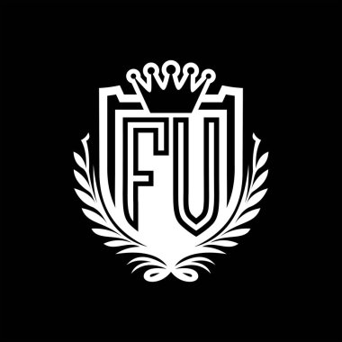 FV Letter logosu kraliyet kalkanı şeklinde ve taç, siyah arkaplan şablonu üzerinde vintage kalkan.