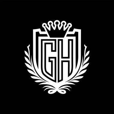 GH Harfi logosu kraliyet kalkanı şeklinde ve kaplama şeklinde, siyah arkaplan şablonu dizaynında vintage kalkan