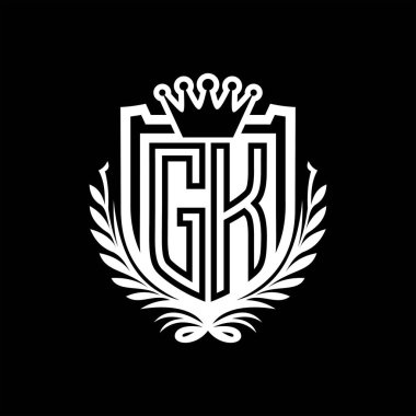 GK Letter logosu kraliyet kalkanı şeklinde ve kaplama şeklinde, siyah arkaplan şablonu dizaynında vintage kalkan