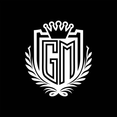 GM Harf logosu kraliyet kalkanı şeklinde ve kaplama şeklinde, siyah arkaplan şablonu üzerinde antika bir kalkan.