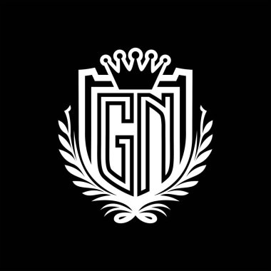 GN Letter logosu kraliyet kalkanı şeklinde ve kaplama şeklinde, siyah arkaplan şablonu üzerinde antika bir kalkan.