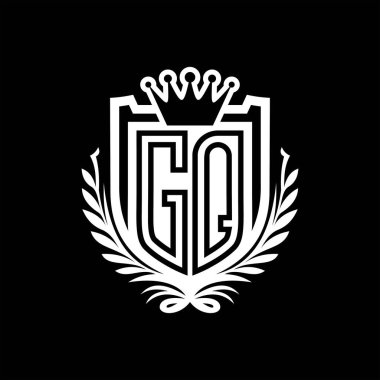 GQ Harfi logosu kraliyet kalkanı şeklinde ve kaplama şeklinde, siyah arkaplan şablonu üzerinde antika bir kalkan.