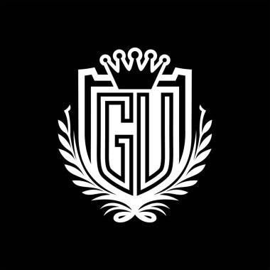 GU Letter logosu kraliyet kalkanı şeklinde ve kaplama şeklinde, siyah arkaplan şablonu üzerinde vintage kalkan