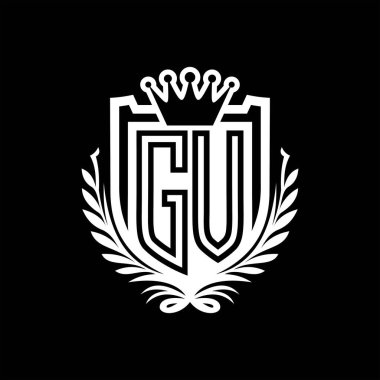 GV Letter logosu kraliyet kalkanı şeklinde ve taç, siyah arkaplan şablonu üzerinde vintage kalkan.