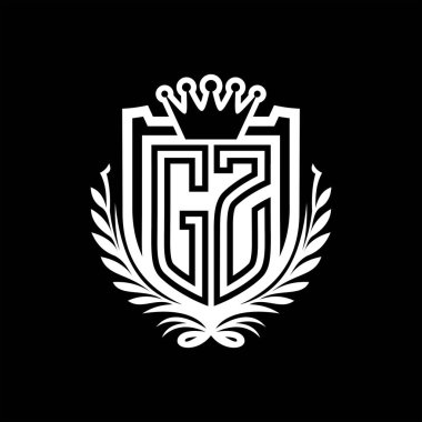 GZ Harf logosu kraliyet kalkanı şeklinde ve kaplama şeklinde, siyah arkaplan şablonu dizaynında vintage kalkan
