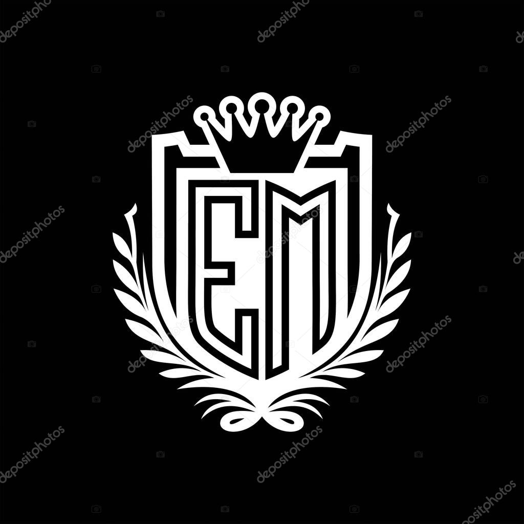 EM Letter logo heraldic shield shape with crown, vintage shield on black background template design
