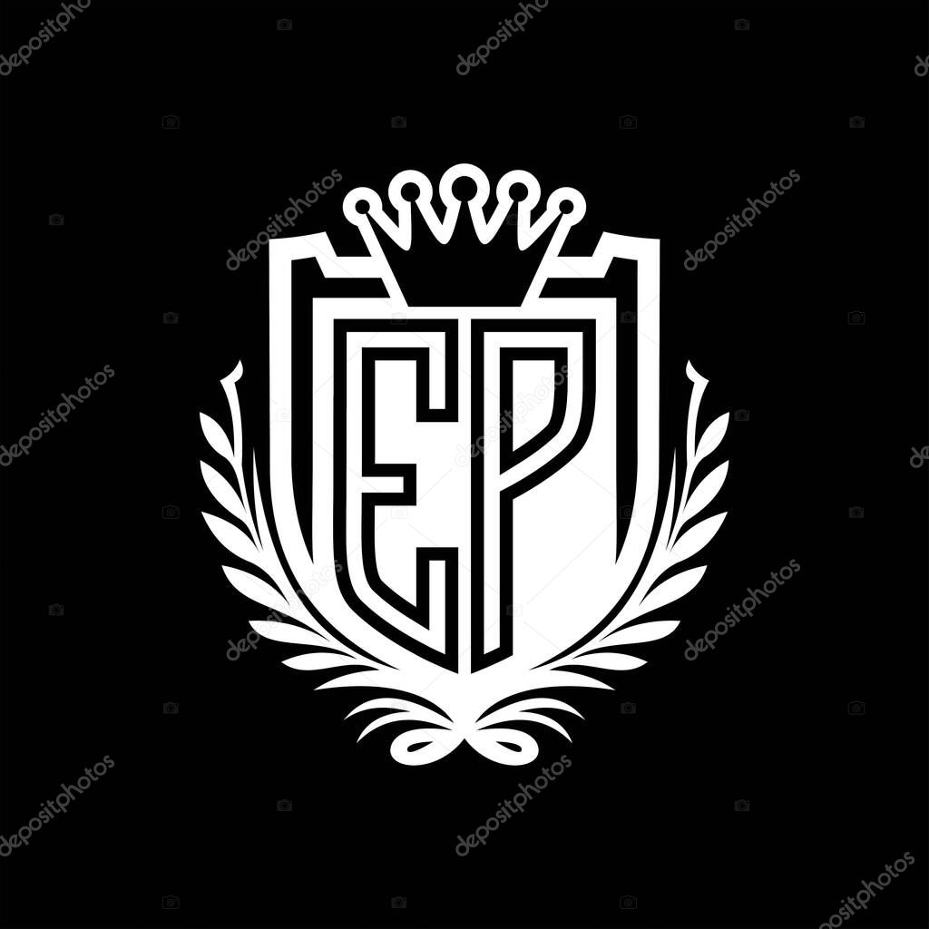 EP Letter logo heraldic shield shape with crown, vintage shield on black background template design