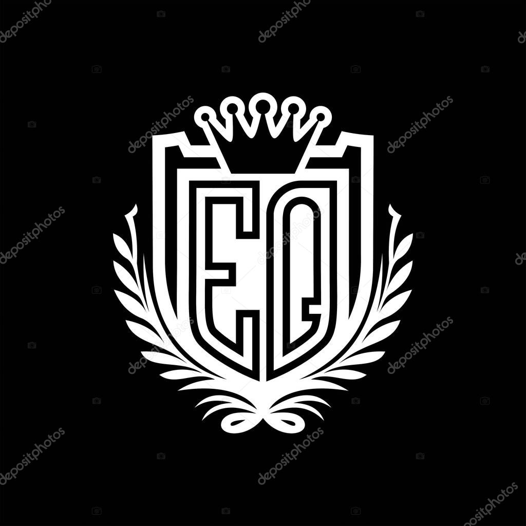 EQ Letter logo heraldic shield shape with crown, vintage shield on black background template design