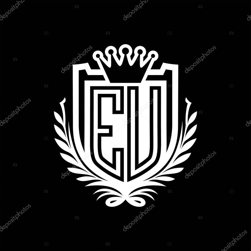 EU Letter logo heraldic shield shape with crown, vintage shield on black background template design