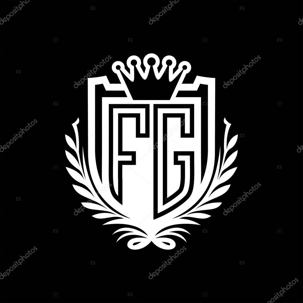FG Letter logo heraldic shield shape with crown, vintage shield on black background template design