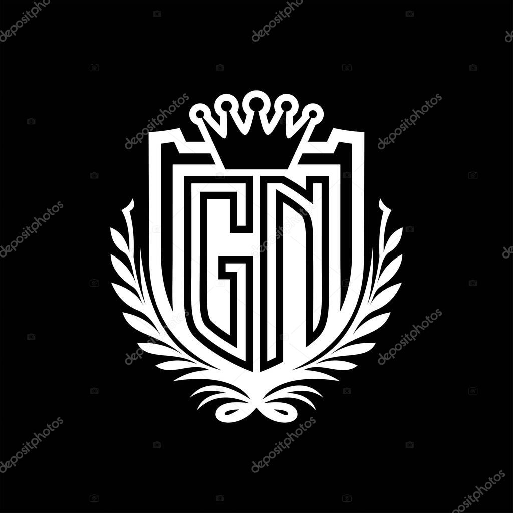 GN Letter logo heraldic shield shape with crown, vintage shield on black background template design