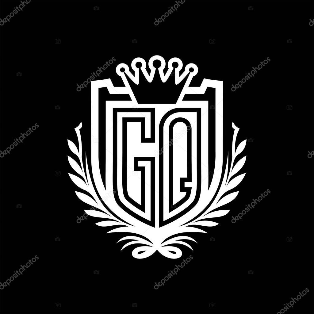 GQ Letter logo heraldic shield shape with crown, vintage shield on black background template design
