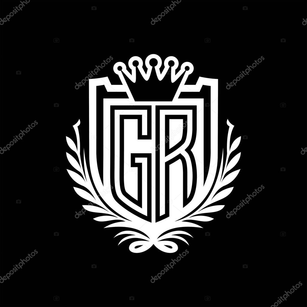 GR Letter logo heraldic shield shape with crown, vintage shield on black background template design