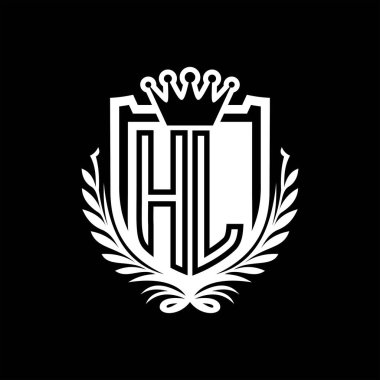 HL Harf logosu kraliyet kalkanı şeklinde ve taç, siyah arkaplan şablonu üzerinde antika bir kalkan.