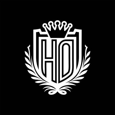 HO Harf logosu kraliyet kalkanı şekilli taç, siyah arkaplan şablonu dizaynında vintage kalkan