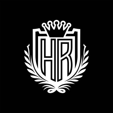 HR Letter logosu kraliyet kalkanı şeklinde ve taç, siyah arkaplan şablonu üzerinde vintage kalkan.